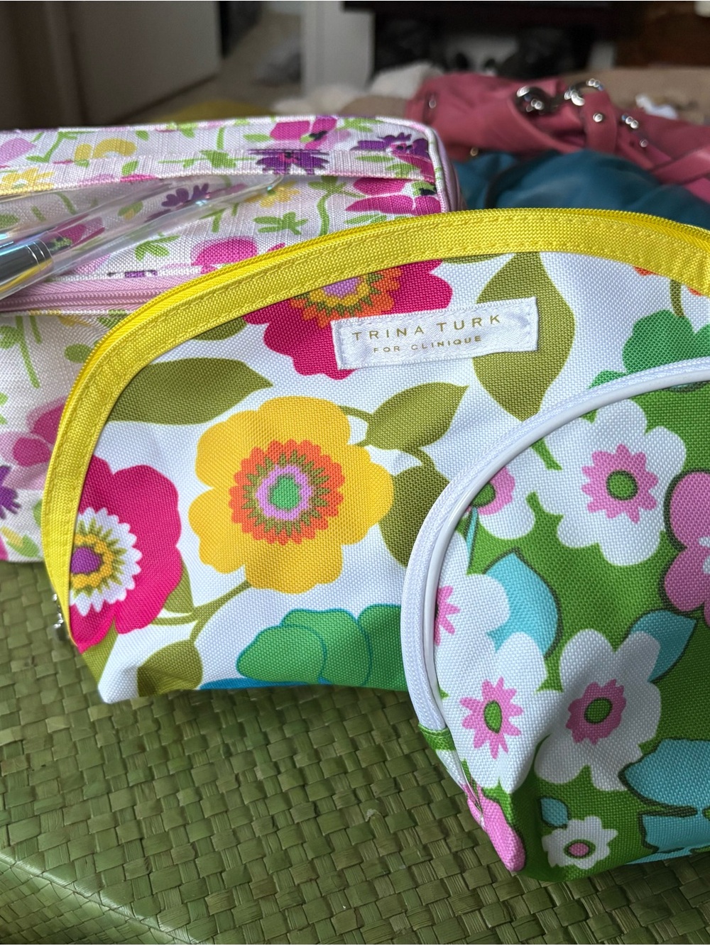 Trina Turk and Clinique Floral- 3 Cosmetic Pouches with 4 makeup brushes